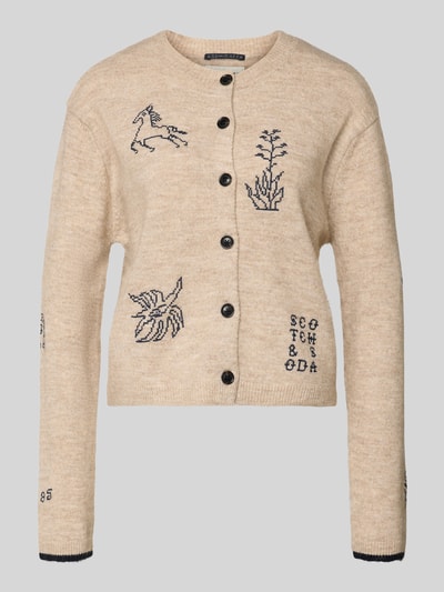 Produktfoto, Strickjacke mit Stitchings und Rundhalsausschnitt von Scotch & Soda, Damen, Material-Mix mit Alpaka-Anteil, Regular-Fit, beige mit schwarzen Stitchings, Knopfleiste, Rückenlänge 49 cm, Ärmellänge 59 cm