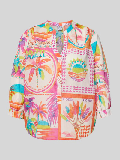 Produktfoto, Regular Fit Bluse im Allover-Look mit 3/4-Arm von Emily Van den Bergh aus Reine Baumwolle mit buntem Muster, V-Ausschnitt, 64 cm Rückenlänge bei Größe 36, 42 cm Ärmellänge.
