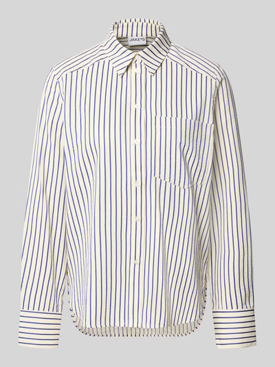 Produktfoto, Loose Fit Langarmbluse aus Baumwoll-Mix von Jake*s Casual in Weiß mit blauen Streifen, strukturierte Stofftextur