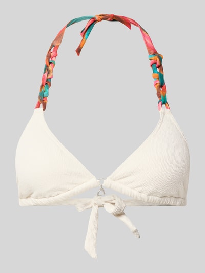 Produktfoto, Bikini-Oberteil mit Schnürung Modell 'YERO CHAINY' von Banana Moon, mieszanka materiałów z dodatkiem streczu, dopasowany krój, wiązanie z tyłu, kremowa góra z kolorowymi detalami, tekstura prążkowana