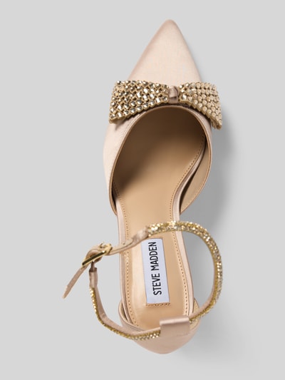 Produktfoto, czółenka z ozdobną kokardą i obszyciem z kamieni stras, model 'Last Dance' od Steve Madden, beżowe, cienki pasek ze sprzączką, obcas szpilka 9 cm, gładka podeszwa, damskie