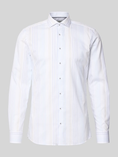 Produktfoto, Slim Fit Business-Hemd aus Baumwolle mit Haifischkragen von ETERNA, Reine Baumwolle, weiß mit blauen und gelben Streifen, Knopfleiste, Rückenlänge 80 cm, Schulterbreite 45 cm, Ärmellänge 67 cm, Größe 40, glatte Textur