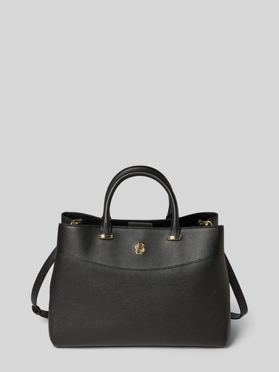 Produktfoto, Henkeltasche aus echtem Rindsleder Modell 'BOSS BEYOND NEWTOTE' von BOSS in Schwarz, unifarbene Optik, genarbtes Leder, goldene Applikation, geteilter Innenraum, Magnetverschluss, Tragehenkel und Reißverschlussfach
