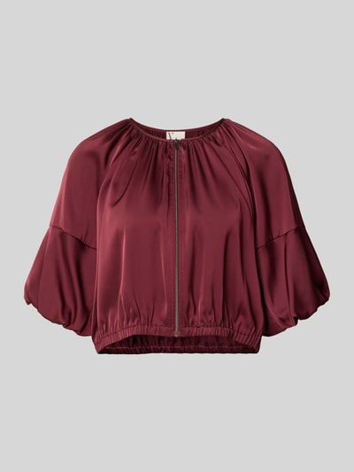 Produktfoto, Cropped Jacke aus Satin mit Reißverschluss von V by Vera Mont in Bordeaux, glänzende Satin-Optik, Rundhalsausschnitt, Rückenlänge 45 cm bei Größe 36