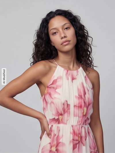 Frauenmodel trägt Maxikleid aus Chiffon im Allover-Look von Jake*s Cocktail mit Plisseefalten, florales Muster, Nahaufnahme Oberkörper.