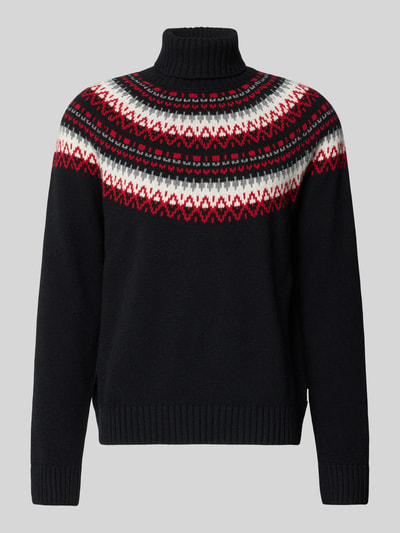 Produktfoto, Strickpullover mit Rollkragen von Gant aus Baumwoll-Woll-Mix mit Viskose-Anteil, lockerem Schnitt, gerippte Abschlüsse, Rot-Weiß-Schwarz-Muster