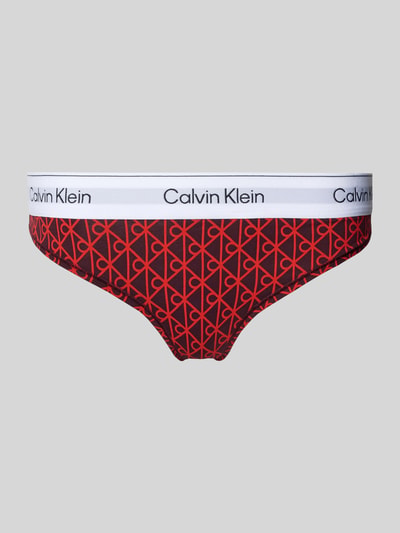 Produktfoto, String mit elastischem Bund und Label-Details von Calvin Klein, Baumwoll-Mix mit Modal-Anteil, körpernahe Passform, rotes Muster auf schwarzem Grund
