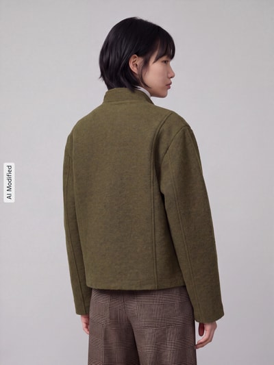 Männermodel trägt Regular Fit Blouson aus mieszanka wełny Modell 'JACQUELINE' von Selected, damska bomberka/bluzon, Ganzkörperansicht Rückansicht, KI-modifiziertes Bild