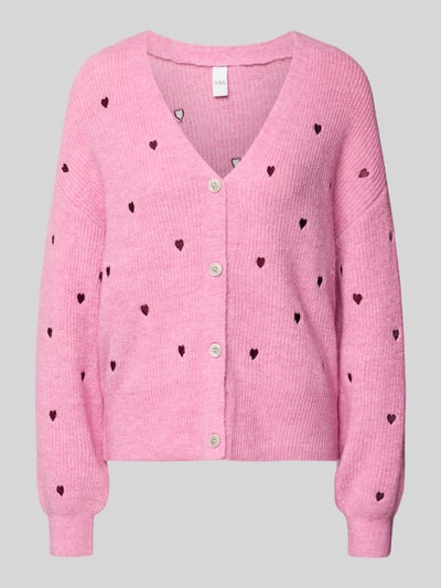 Productfoto, Regular Fit Cardigan met Escorial wol-mix model 'Fleur' van YAS, roze, gebreide look, V-hals, knoopsluiting, allover motiefstiksels