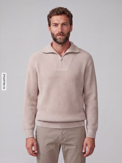Selected Regular Fit Pullover aus reiner Baumwolle mit Troyer-Kragen Offwhite 4