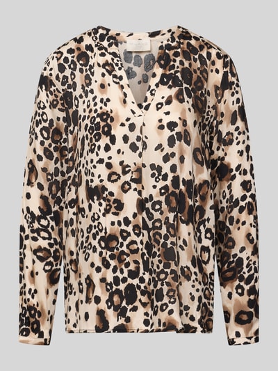 Produktfoto, Regular Fit Bluse aus Viskose mit V-Ausschnitt von Milano Italy, wzór na całej powierzchni, dekolt w serek, bluzka, długość tyłu 63 cm, długość rękawów 60 cm, rozmiar 36, kolor beżowy z czarnym i brązowym wzorem, materiał: wiskoza