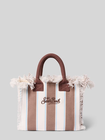 Produktfoto, Handtasche mit Label-Print und Fransen Modell 'COLETTE' von MC2 Saint Barth aus reiner Baumwolle mit Tragehenkel, cremefarben mit braunen und blauen Streifen, Hauptfach mit Reißverschluss, Größe 1: Breite 28 cm, Länge 23 cm, Tiefe 14 cm, Schulterriemen 117 cm.