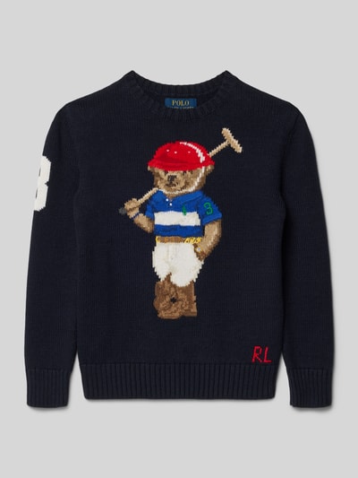 Produktfoto, Strickpullover mit Motiv und Rundhalsausschnitt von Polo Ralph Lauren Teens, reine Baumwolle, Regular-Fit, dunkelblau, Motiv.