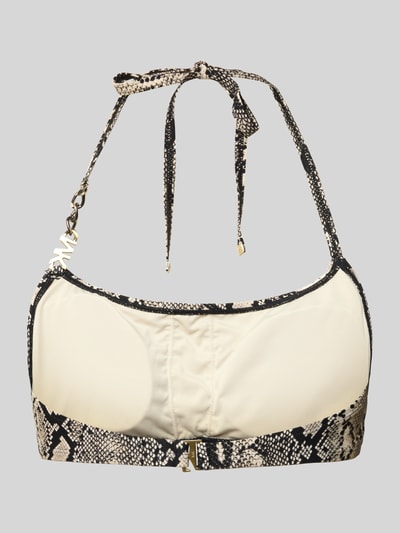 Produktfoto, Bikini-Oberteil mit Logo Chain Strap Modell 'BOHO PYTHON' von Michael Kors, mieszanka materiałów z dodatkiem streczu, dopasowany krój, zdejmowane miękkie miseczki, kolory beżowy i czarny, wzór skóry węża, detal z logo.
