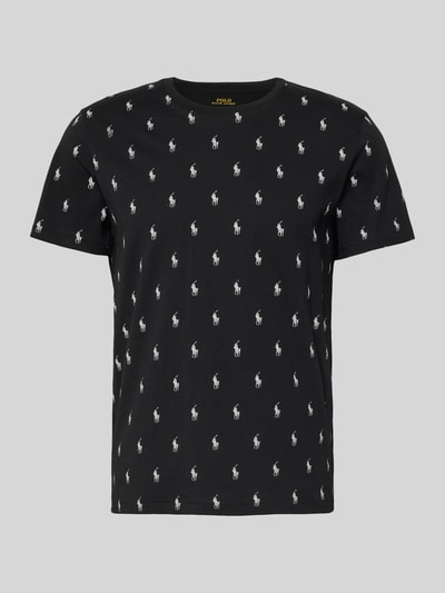 Produktfoto, Regular Fit Pyjama-Oberteil aus reiner Baumwolle Modell 'CREW-SLEEP-TOP' von Polo Ralph Lauren Underwear, schwarzes Kurzarmshirt mit weißem Polo-Pony-Muster, Crew Neck, glatte Textur.