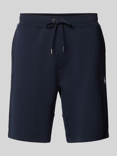Produktfoto, dunkelblaue Regular Fit Sweatshorts aus Baumwoll-Mix von Polo Ralph Lauren, unifarben, elastischer Bund, Logo-Stitching, Eingrifftaschen.