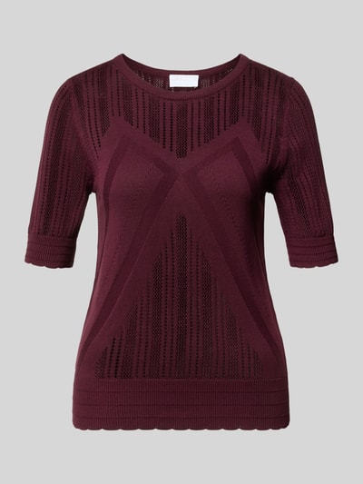 Produktfoto, Regular Fit T-Shirt in Strick-Optik von Jake*s Collection, Damen T-Shirt aus Baumwoll-Modal-Mix, Halbarm, Rundhalsausschnitt, bordeauxfarbene Struktur mit grafischem Muster.