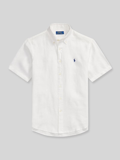 Productfoto, Regular Fit Leinenhemd mit Button-Down-Kraag van Polo Ralph Lauren in effen wit puur linnen met korte mouwen, afgeronde zoom, logo-stiksel.