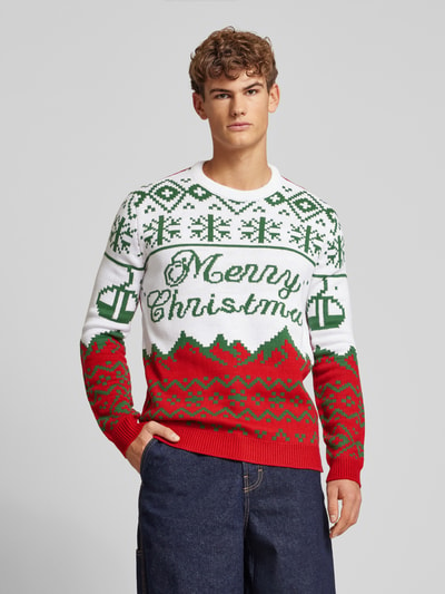 Only & Sons Weihnachtspullover mit Motiv- und Statement-Stitching Modell 'XMAS' Weiss 4