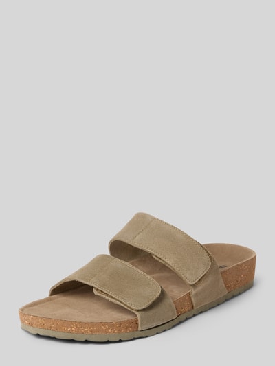 Produktfoto, heren sandaaltjes van kalfsleer model 'MALTA' van Jack & Jones, comfortmodel met riempjes en klittenbandsluiting, hakhoogte maat 44: 3 cm, lichtbruin met kurkzool, structuur suède.