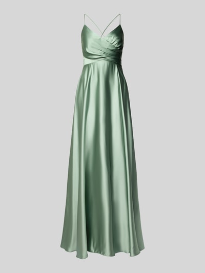 Produktfoto, Abendkleid in Wickel-Optik von Jake*s Cocktail, satynowy materiał, dopasowany krój, dekolt V, maxi długość, sznurowanie z tyłu, zamek wszyty w szwie, długość pleców w rozmiarze 36: 130 cm, szerokość w rozmiarze 36: 34 cm, kolor jasnozielony