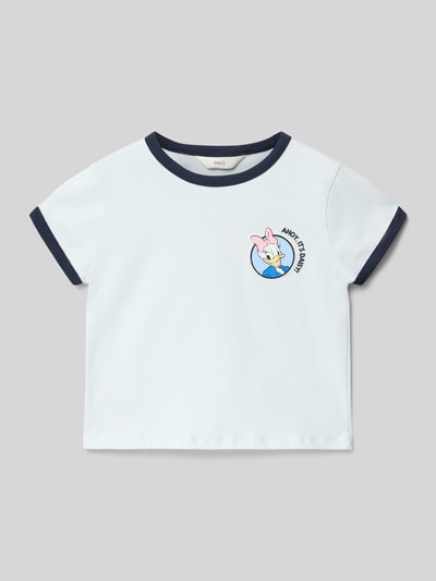 Produktfoto, Regular Fit T-Shirt mit Motiv-Print Modell 'Sail' von Mango, Kinder T-Shirt aus Reine Baumwolle, Rundhalsausschnitt, Rückenlänge bei Größe 116: 35 cm, weiß mit dunklen Bündchen und kleinem Motiv-Print vorn