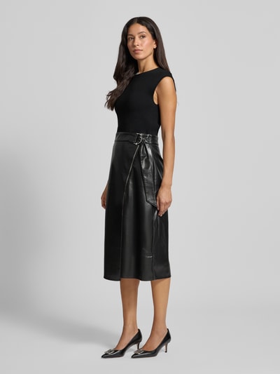 BOSS Sukienka midi taliowana ze spódnicą z imitacji skóry model ‘FLEDERI’ Czarny 1