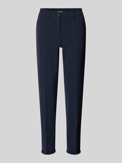 Produktfoto, donkerblauwe dames broek met steekzakken en paspelzakken achter, materiaalmix met stretch, verkorte pasvorm, Model 'RENIRA' van Cambio.
