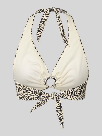 Produktfoto, Bikini-Oberteil mit Ring-Detail Modell 'Mahry' von Barts im Material-Mix mit Stretch-Anteil, V-Ausschnitt, Neckholder, Schnürverschluss, Label-Detail, cremefarben mit schwarzem Muster, glatte und leicht glänzende Optik
