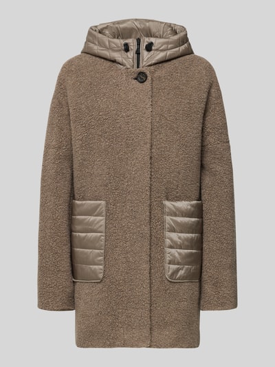 Productfoto, Teddyjacke aus Woll-Mix met capuchon en opgestikte zakken van Gil Bret, regular fit, bruinbeige tinten, textuurmix wol en glad, context: damesjas, ritssluiting, tunnelkoord, ruglengte maat 36: 83 cm, schouderbreedte 48 cm, borstwijdte 52 cm, mouwlengte 66 cm.