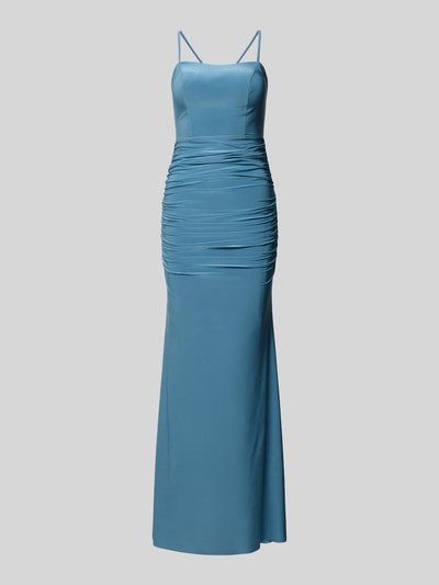 Produktfoto, schlichtes Abendkleid mit Raffungen und rückseitiger Schnürung von TROYDEN COLLECTION in Blau, figurbetonter Maxikleid-Schnitt