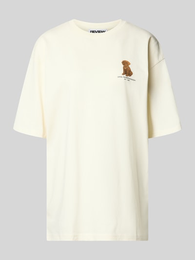 Produktfoto, T-Shirt mit 1/2-Arm von REVIEW in Creme mit lockerem Schnitt aus reiner Baumwolle, dezentes Bärenmotiv, glatte Textur