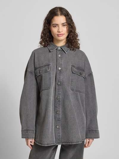 Karo Kauer Oversized Hemdjacke mit Brusttaschen Dunkelgrau 4