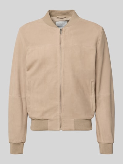Produktfoto, Bomberjacke aus Ziegenleder von Profuomo in Beige mit Stehkragen, Reißverschluss, Eingrifftaschen, Gerader-Schnitt, elastische Abschlüsse.