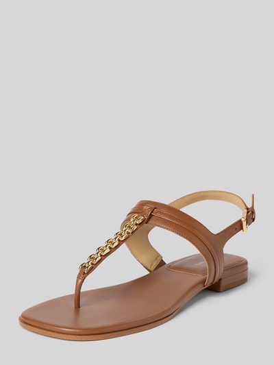 Produktfoto, sandalen uit echt leer model 'Marcia' van MICHAEL Michael Kors, afgeronde pasvorm, siergarnering, open hiel, gladde zool, hakhoogte 1 cm, kleur cognac