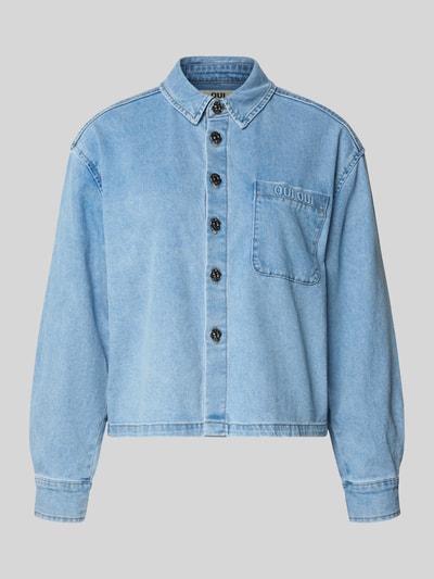 Productfoto, Relaxed Fit Jeanshemd met borstzak van Oui, dames jeansoverhemd van katoenmix met stretch, hemdkraag, lichtblauw.