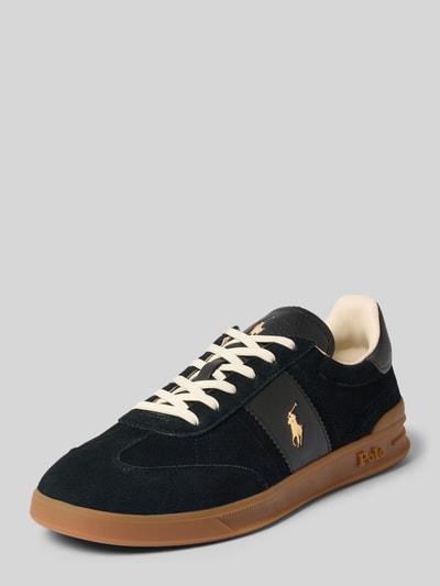 Produktfoto, Sneaker aus echtem Leder Modell 'HRT AERA PP' von Polo Ralph Lauren in Schwarz mit beiger Sohle und Glattleder-Textur