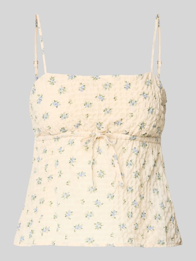 Produktfoto, Babydoll-Top aus Seersucker mit Schnürung von REVIEW, cremefarben mit feinem Strukturmuster, floraler Print, Stretch-Anteil