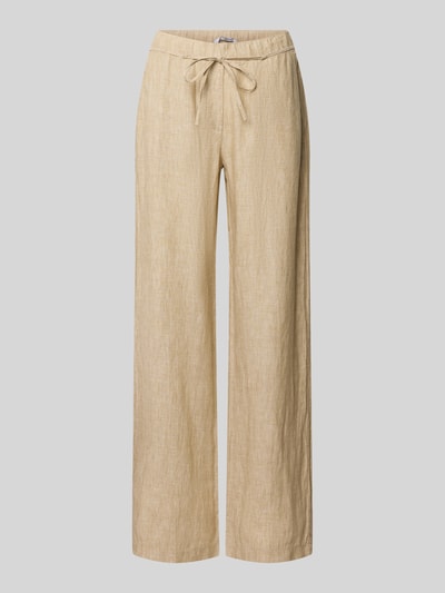 Produktfoto, beigefarbene Leinenhose mit Bindegürtel, Wide Leg, Modell 'Chiara Belt' von MAC, reine Leinenstruktur erkennbar.
