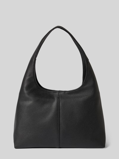 Productfoto, zwarte leren Handtasche met Label-Detail Modell 'Alltime Lover M' van Hey Marly, zilverkleurige rits, fijne structuur, 31x25x12 cm, schouderriem 55 cm, hoofdvak met rits, binnenvak met rits.