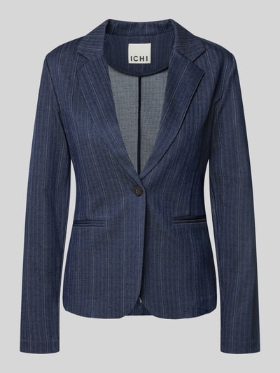 Produktfoto, Blazer aus Viskose-Mix mit Reverskragen Modell 'KATE' von ICHI in Dunkelblau mit feiner Streifenstruktur, taillierter Schnitt, angedeutete Leistentaschen, Knopfverschluss, glatte Oberfläche