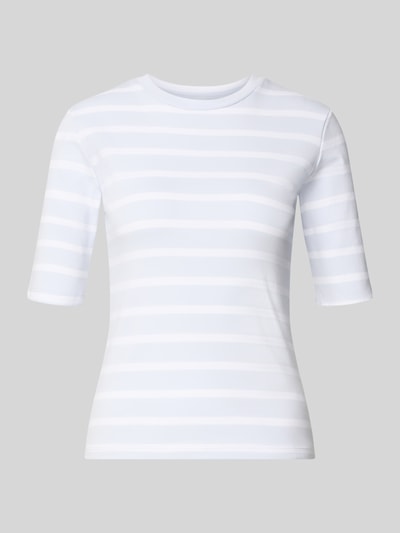 Produktfoto, Basic T-Shirt Ringel O-Neck von Christian Berg Woman, Damen T-Shirt aus Baumwoll-Elasthan-Mix, Körpernaher-Schnitt, halbärmeliges Design, Ringel, O-Neck, Rückenlänge 56 cm bei Größe S, weiße und hellgraue Streifen, glatte Struktur