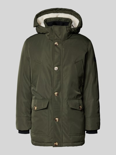 Produktfoto, Parka mit Kapuze und Pattentaschen Modell 'J-HUNT' van MCNEAL in olijfgroen, regular fit, met kap, klepzakken, steekzakken, bedekte ritssluiting en knoopsluiting, productlengte 85 cm, schouderbreedte 49 cm, borstbreedte 46 cm, mouwlengte 67 cm, gladde textuur