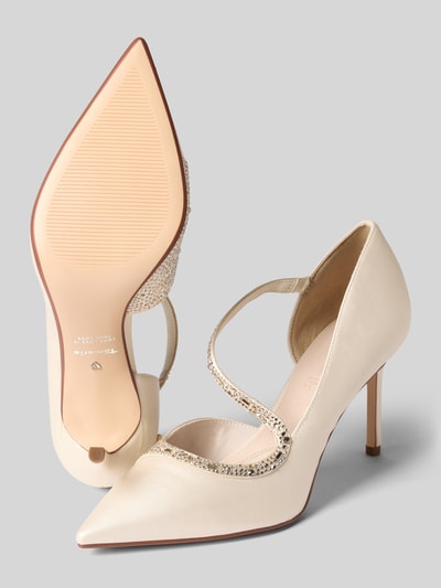 Productfoto, pumps met strass-steentjes van Tamaris in crèmekleur met glanzende textuur, puntige neus, smalle stilettohak