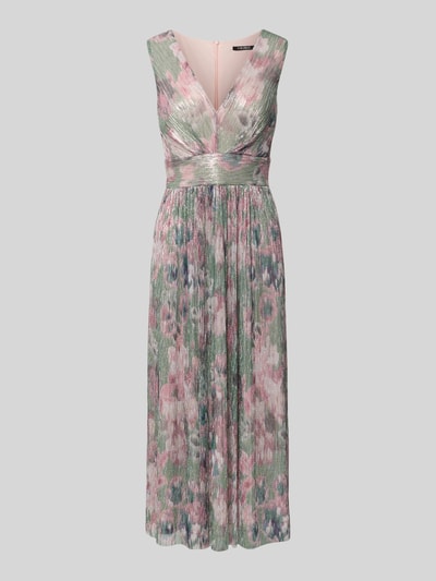 Produktfoto, Cocktailkleid mit V-Ausschnitt von Swing in Crinkle-Optik, floraler Print in Rosa und Grün, taillierte Midilänge, elastischer Material-Mix
