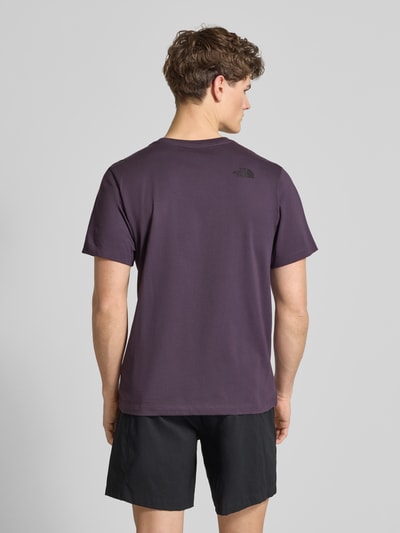 Männermodel trägt T-Shirt aus Baumwoll-Mix Modell 'EVOLUTION' von The North Face in Lila mit Rundhalsausschnitt, Ganzkörperansicht Rückansicht.