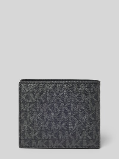 Produktfoto, Portemonnaie mit Logo-Detail von Michael Kors, schwarzes Strukturmuster, Steckfächer, offenes Hauptfach, Frontalansicht.