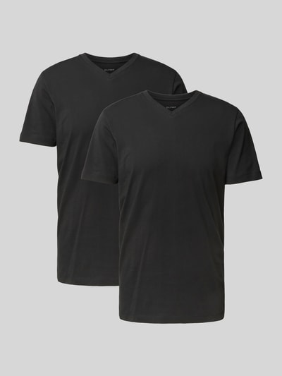 Produktfoto, T-Shirt mit geripptem V-Ausschnitt im 2er-Pack von OLYMP Level Five, męski t-shirt, bawełna, krój slim fit, czarny, zestaw 2 szt.