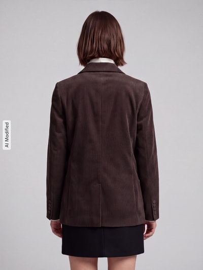Frauenmodel trägt Loose Fit Longblazer mit steigendem Reverskragen Modell 'NORA' von VERO MODA, braun, feine Struktur, Ganzkörperansicht Rückansicht, KI-modifiziertes Bild.