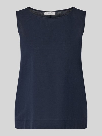 Produktfoto, Blusentop aus Leinen mit Rundhalsausschnitt von Christian Berg Woman in Dunkelblau, Regular-Fit, breite Träger, Rückenlänge 54 cm bei Größe 36, glatte Textur.